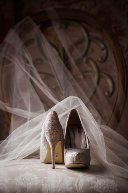 Wedding shoes and veil details at Pleasantdale Chateau