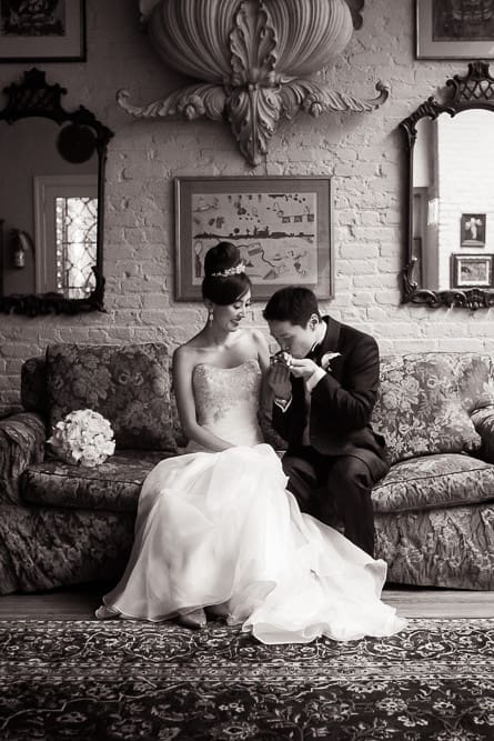 B&W photo of bride and groom at Alger House