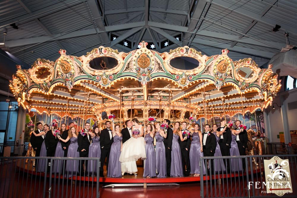 bridal party on the carousel at Please Touch Museum