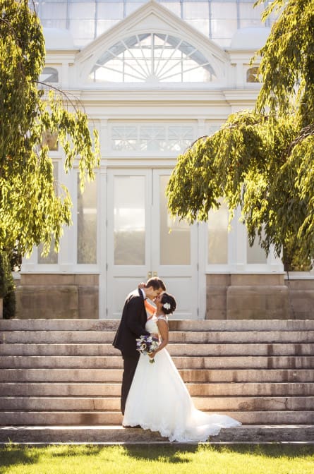 bride and groom and their New York Botanical Garden wedding