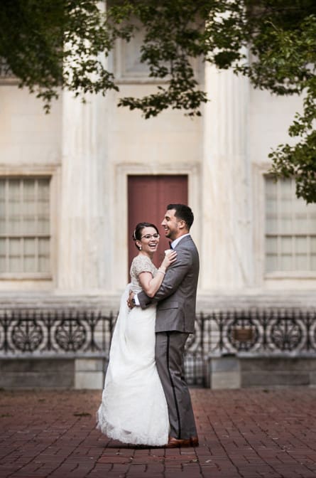 bride and groom in front of the Second Bank of the U.S.