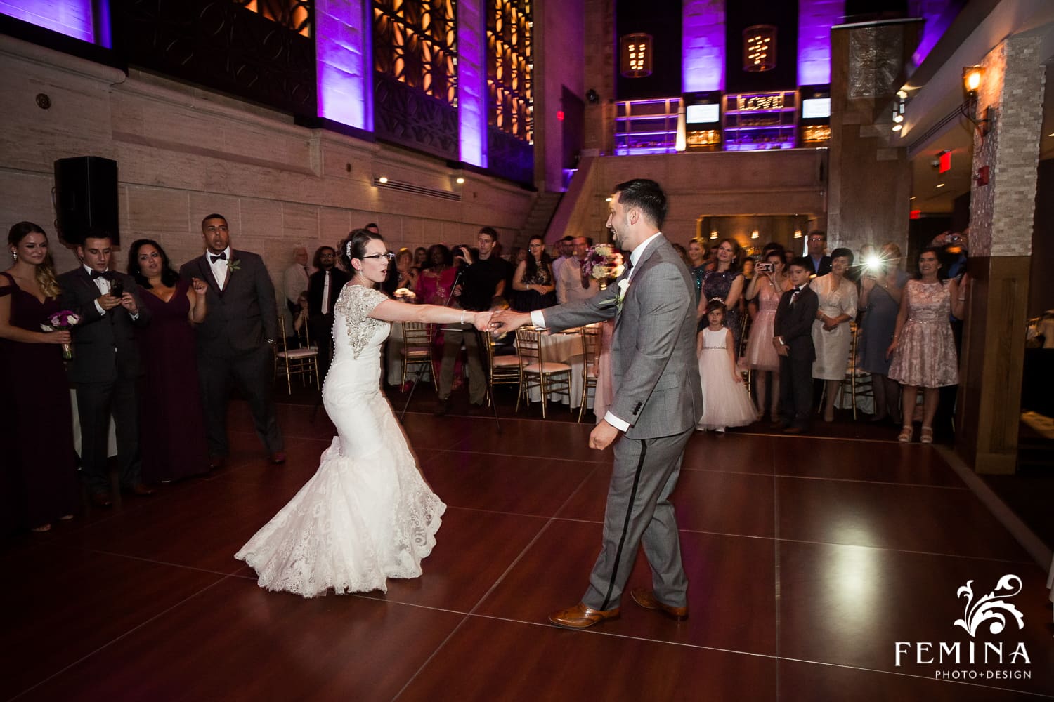 Bride and groom dancing in ballroom at Union Trust
