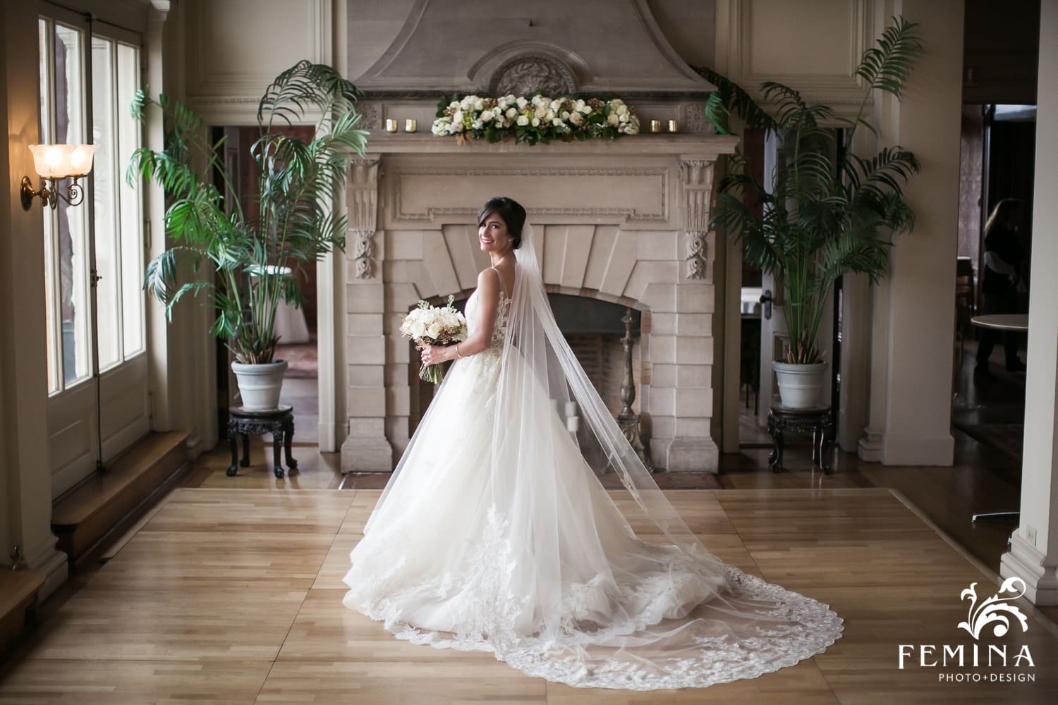 bride portrait in front of fireplace