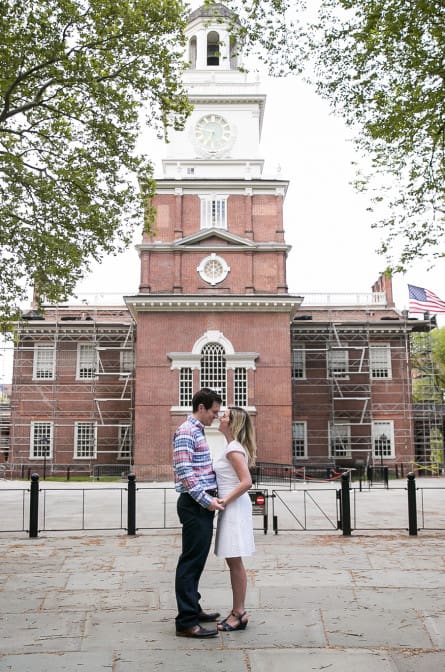Lyall and Rebecca looking at each other in front of Independence Hall in Philadelphia