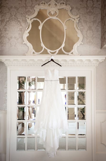 Wedding Dress hanging in the bridal suite at Mallard Island Yacht Club