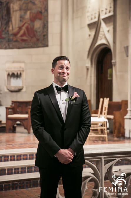 Ryan seeing Christina for the first time at their wedding ceremony at Church of the Blessed Sacrament in NYC