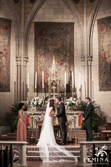  Christina and Ryan's first kiss during their ceremony at Church of the Blessed Sacrament in NYC