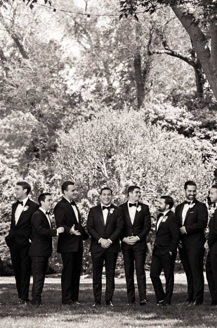 Classic groomsmen before Gansett Green manor wedding ceremony