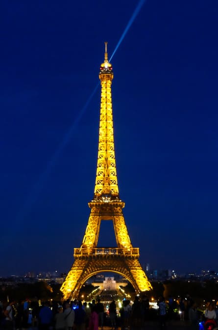Eiffel Tower photographed at night with light beams