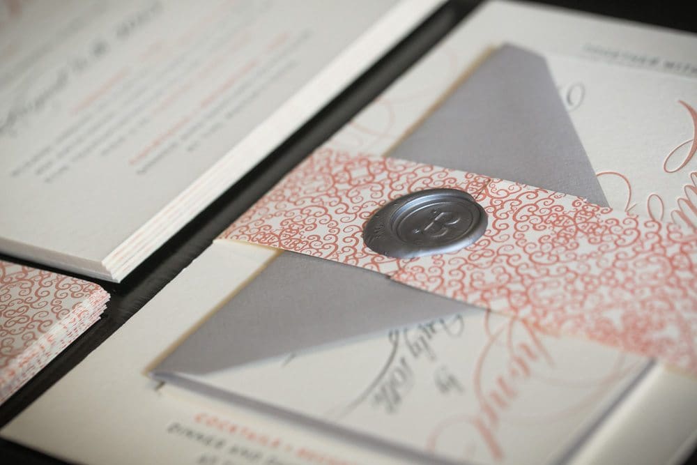 custom letterpress wedding invitations in gray, ivory and peach