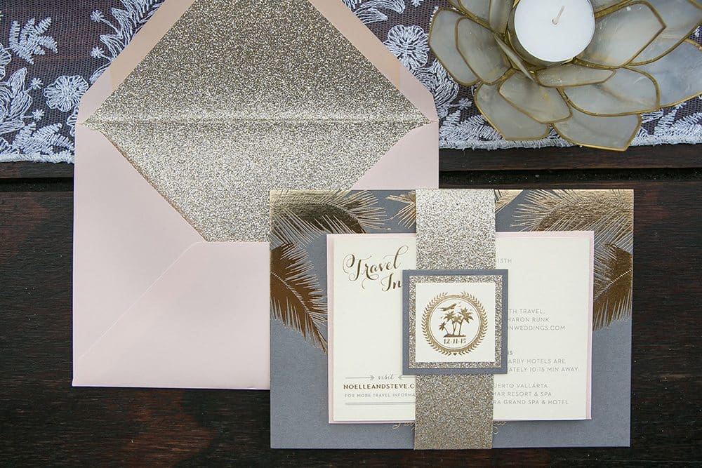 Blush and gray destination wedding invitations with gold foil 
