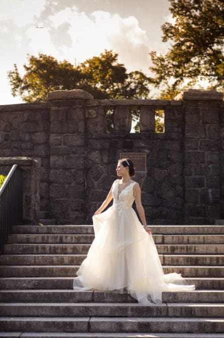 bridal portrait during sunset in the Rose Garden at NY Botanical Gardens