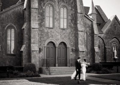 Bride and Groom in front of Holy Cross Parish in Rumson, NJ