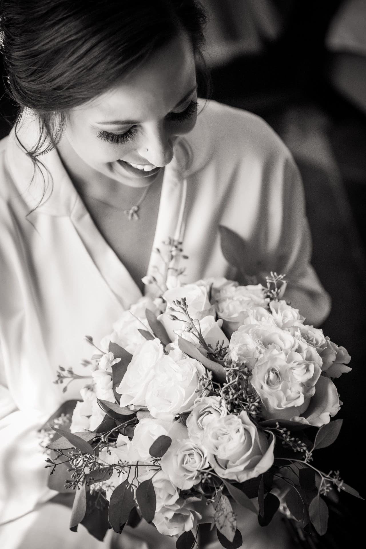 Bride getting ready in black and white
