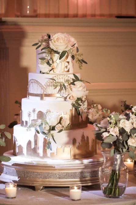 Wedding cake on display at a wedding at the Cescaphe Ballroom in Philadelphia