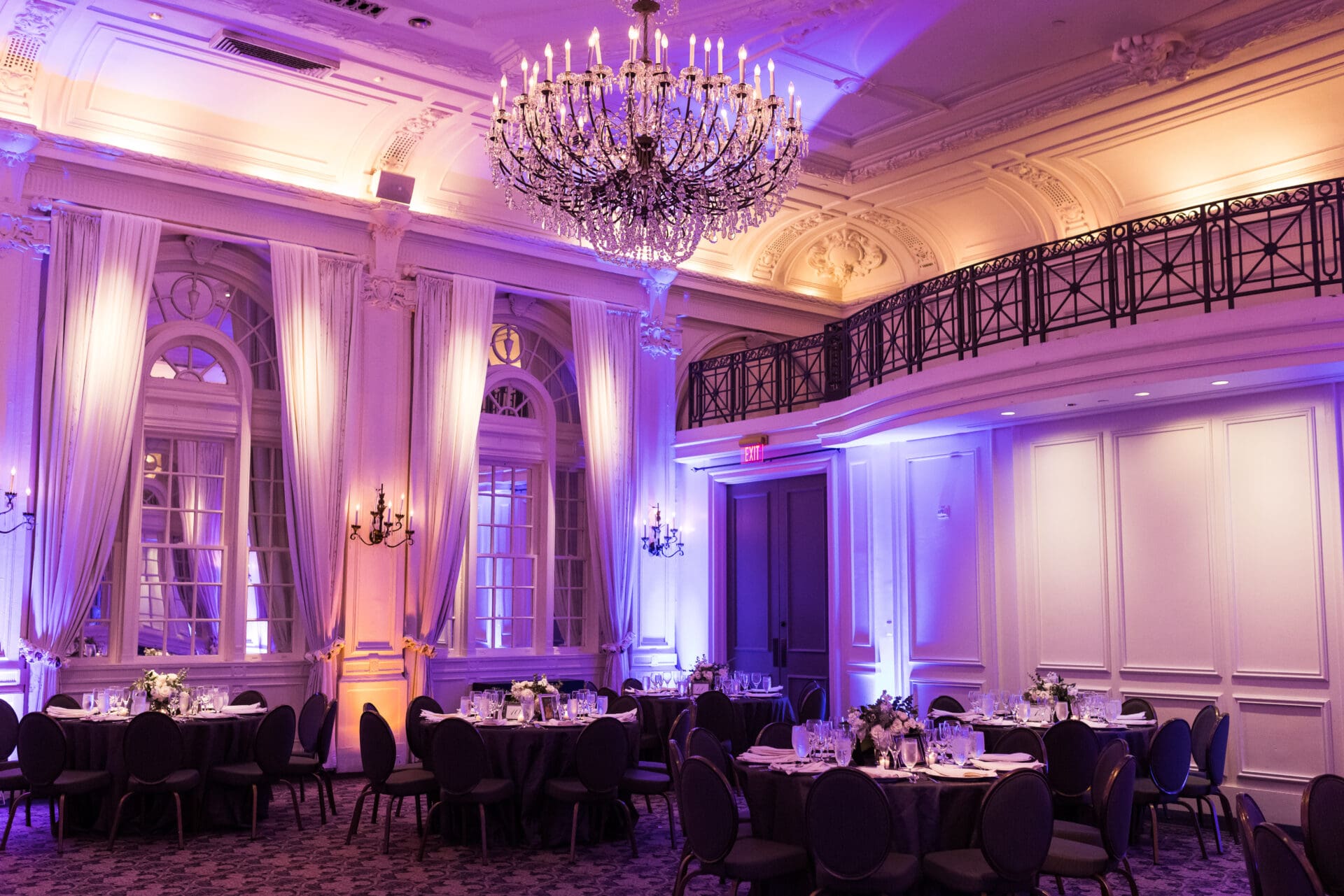 A ballroom setup with decorations for a wedding at The Bellevue Hotel in Philadelphia