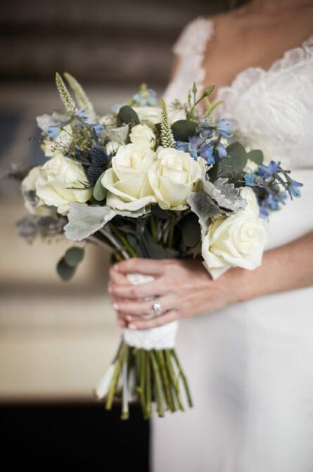 An up close photograph of a bridal bouquet