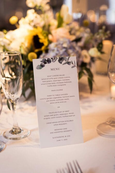 Photograph of the menu for a NYBG Stone Mill wedding